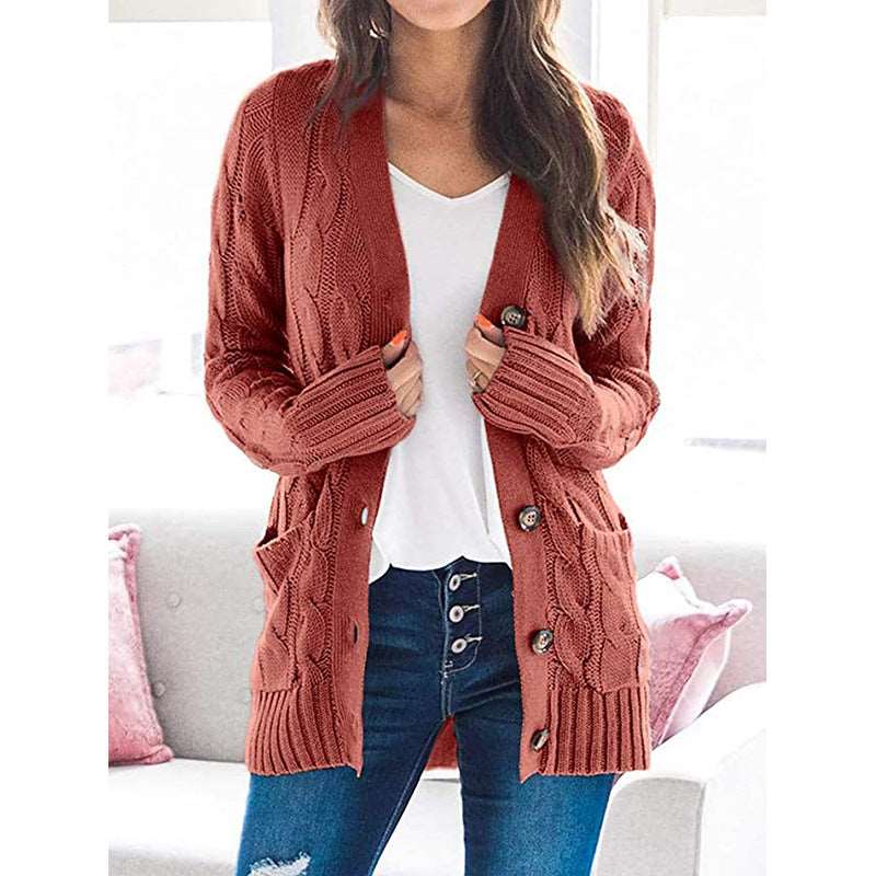 2021 Amazon autumn and winter new cardigan sweater women Europe and America V-neck single-breasted long-sleeved sweater jacket