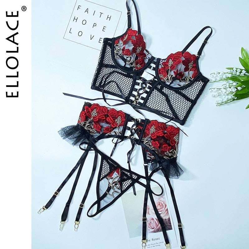Ellolace Erotic Lingerie Sexy Bandage Transparent Bra Underwear Ruffled Garters Thongs