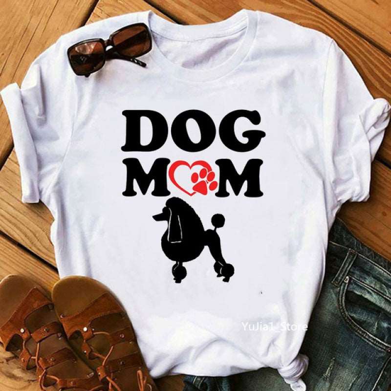 European and American large size foreign trade cross-border women's clothing poodle dog mother women's t-shirt summer loose short-sleeved t-shirt women