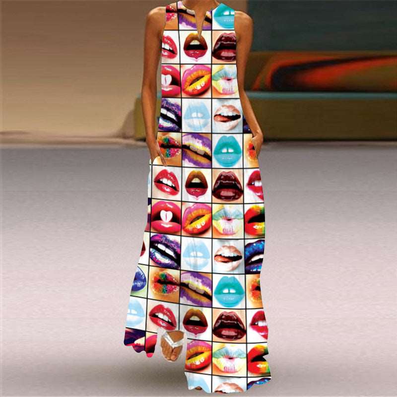 2021 summer independent station new European and American retro print long skirt V-neck multicolor long sexy sleeveless dress
