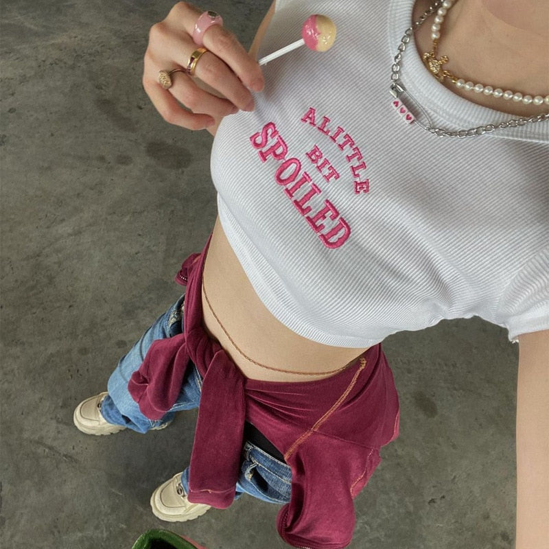 “Y2K White 'A Little Bit Spoiled' Short Sleeve Tee"