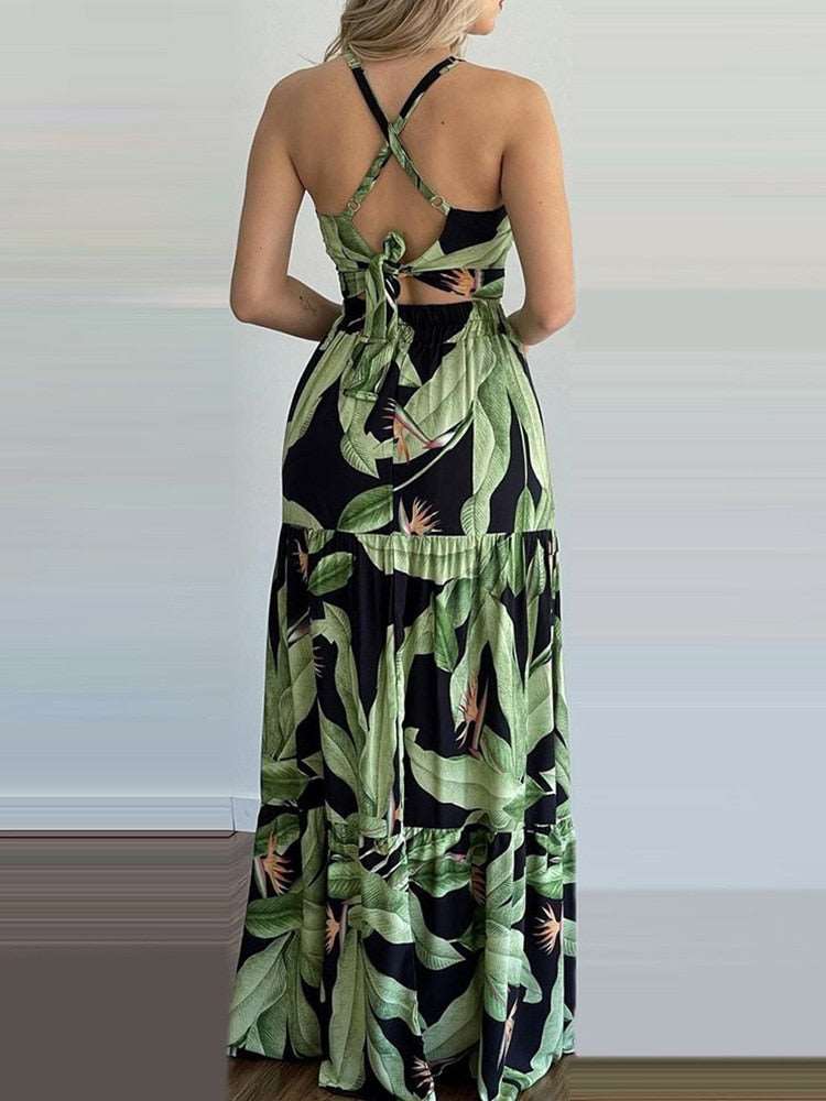 Tropical Print Halter Sleeveless Top & Skirt Set Women Summer Two Piece Set