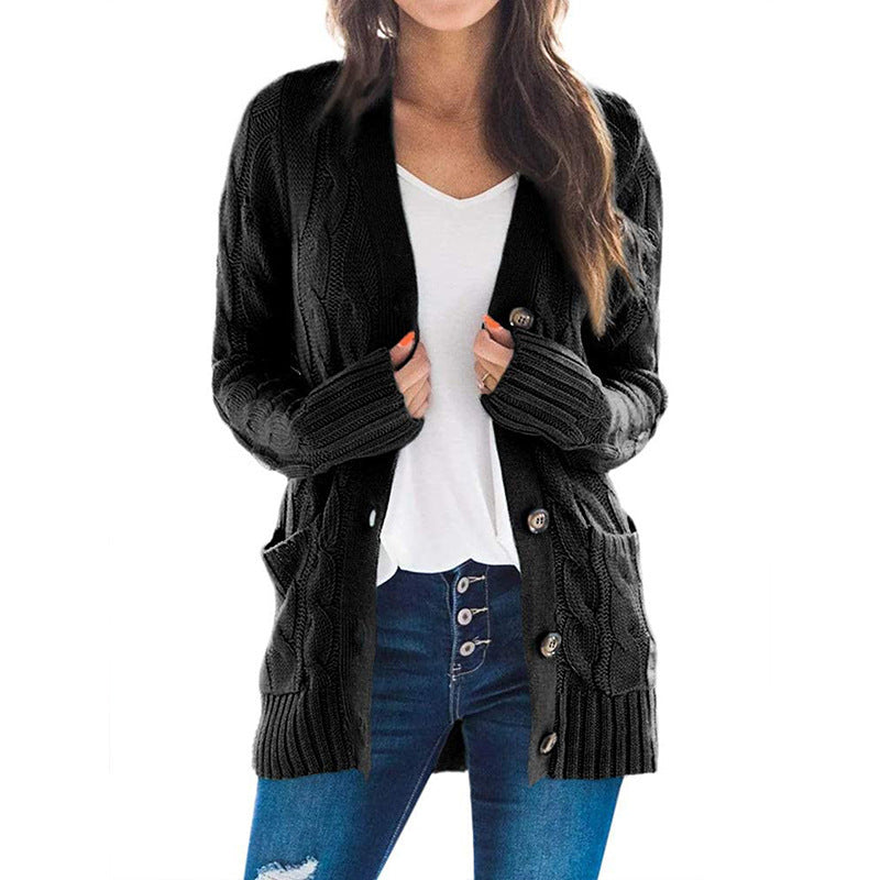 Amazon autumn and winter new cardigan sweater women Europe and America V-neck single-breasted long-sleeved sweater jacket