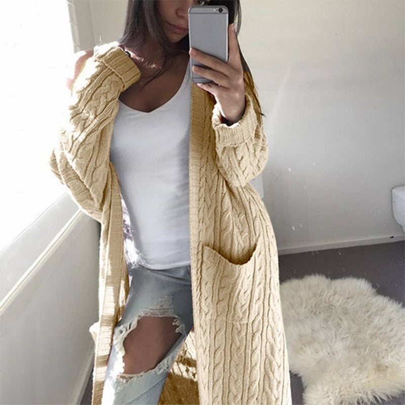 Long double-pocket full body twist sweater cardigan