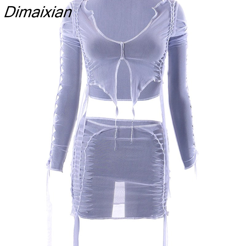 Dimaixian Puss Mesh Sexy 2 Piece Set See Through Hollow Long Sleeve Crop Tops+Mini skirt