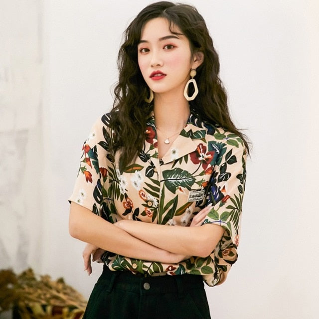 Spring Summer Vintage Print Female Blouse Loose Long Sleeve Shirts V Neck Women Tops