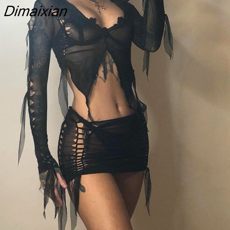 Dimaixian Puss Mesh Sexy 2 Piece Set See Through Hollow Long Sleeve Crop Tops+Mini skirt
