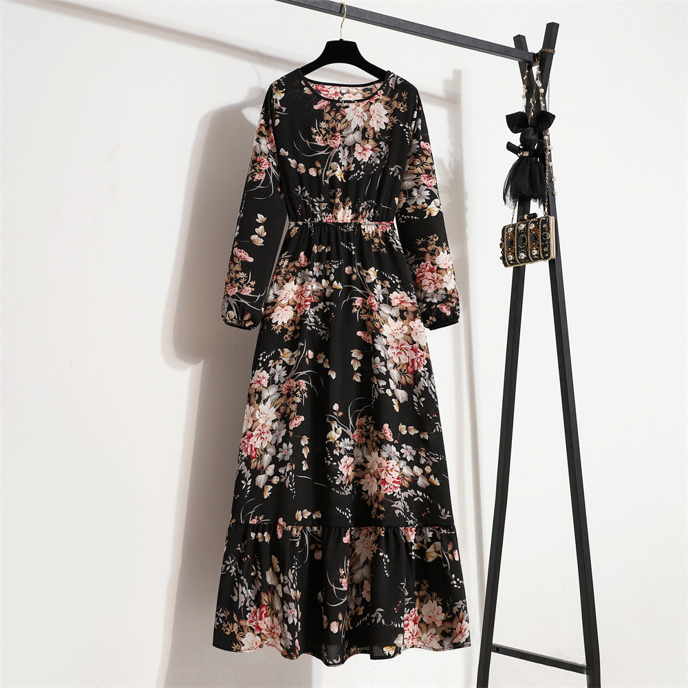 French style long crewneck floral dress