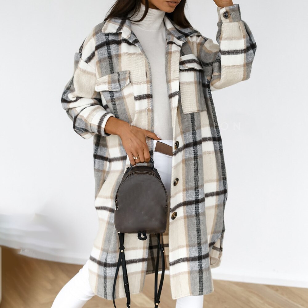 Autumn Winter Women Checked Jacket Casual Turn Down Collar Plaid Oversized Thick Warm Woolen Blends Overcoat