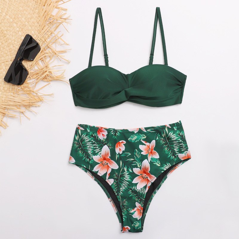 Striped Lace Ruffle Push Up Women Bandeau Swimsuit