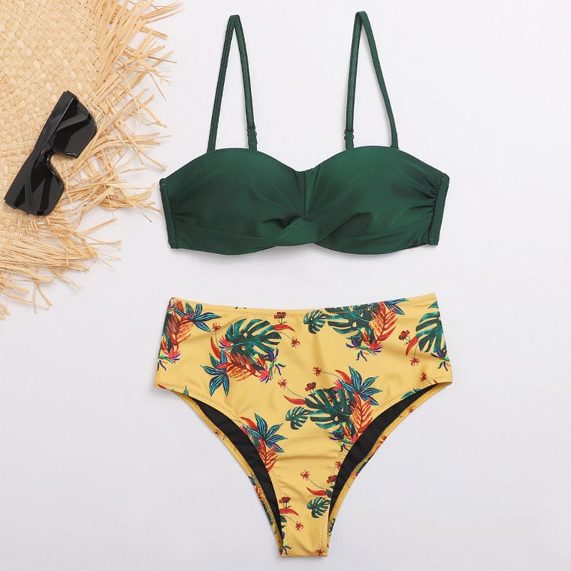 Striped Lace Ruffle Push Up Women Bandeau Swimsuit