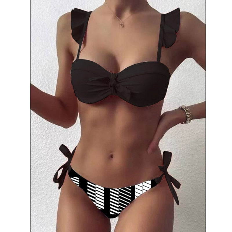 Striped Lace Ruffle Push Up Women Bandeau Swimsuit
