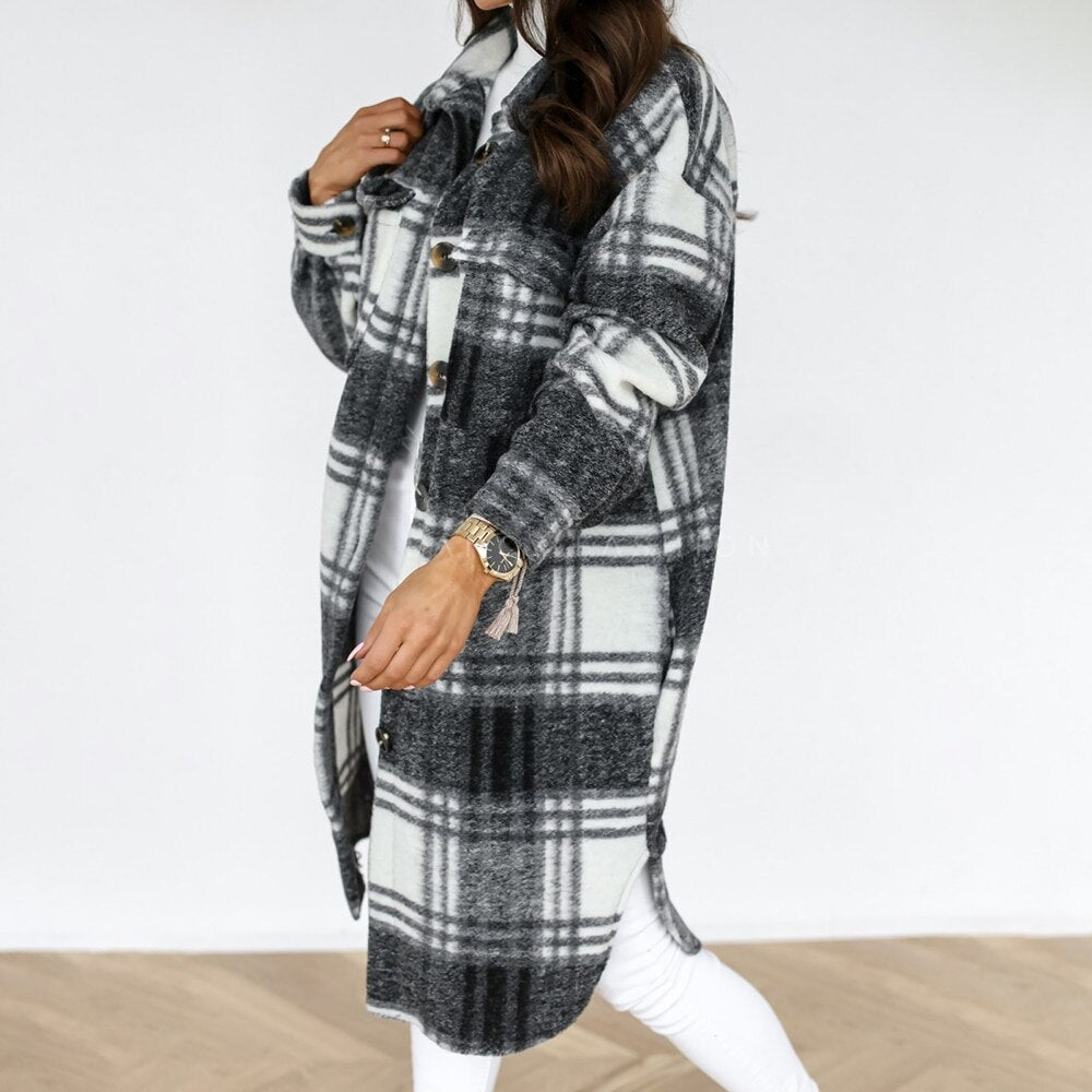 Autumn Winter Women Checked Jacket Casual Turn Down Collar Plaid Oversized Thick Warm Woolen Blends Overcoat