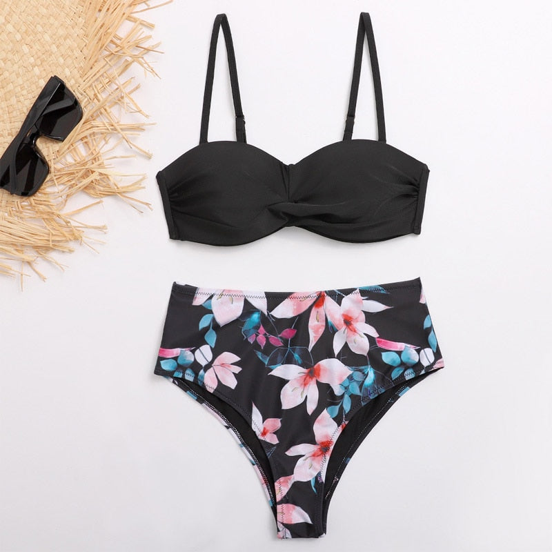 Striped Lace Ruffle Push Up Women Bandeau Swimsuit