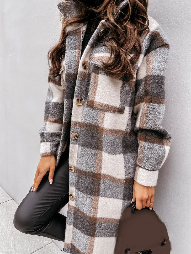 Autumn Winter Women Checked Jacket Casual Turn Down Collar Plaid Oversized Thick Warm Woolen Blends Overcoat