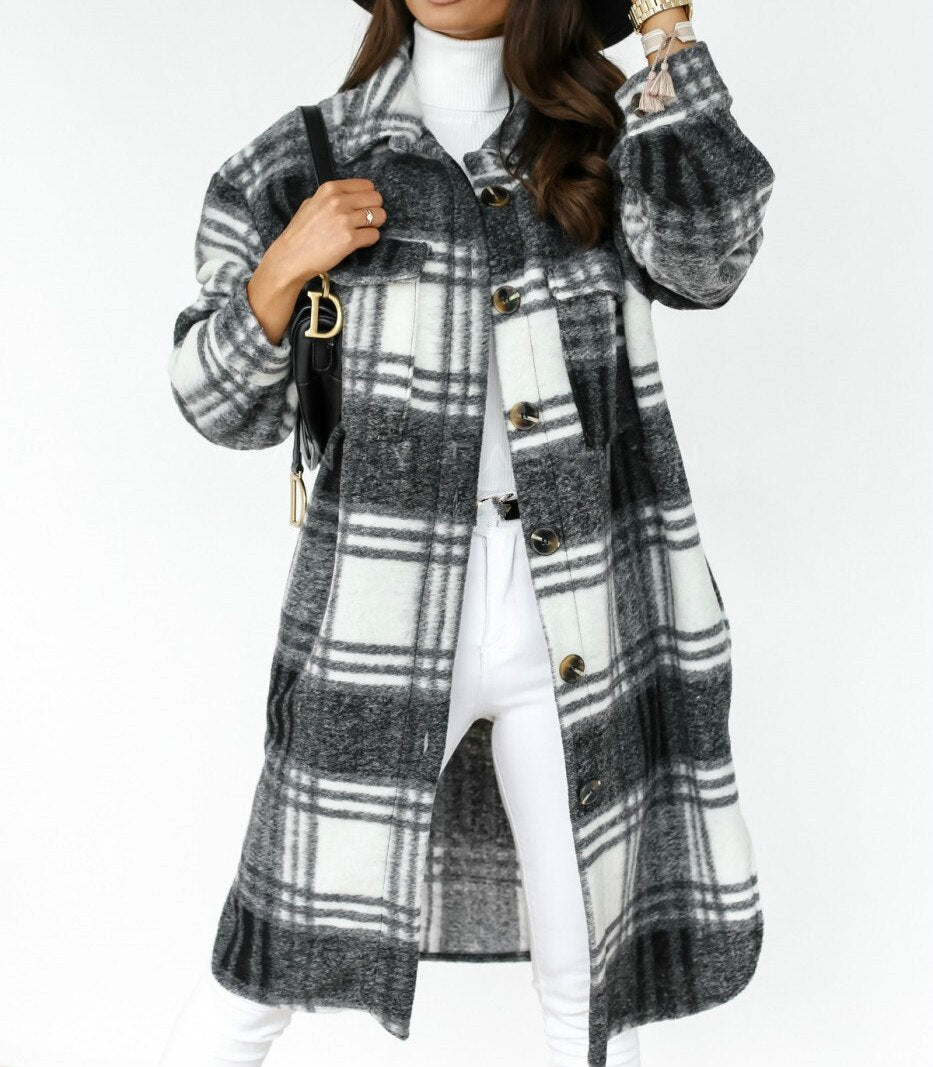 Autumn Winter Women Checked Jacket Casual Turn Down Collar Plaid Oversized Thick Warm Woolen Blends Overcoat
