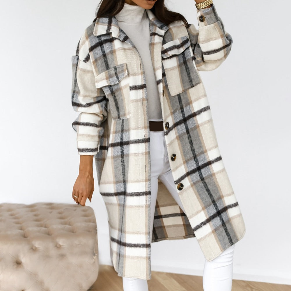 Autumn Winter Women Checked Jacket Casual Turn Down Collar Plaid Oversized Thick Warm Woolen Blends Overcoat