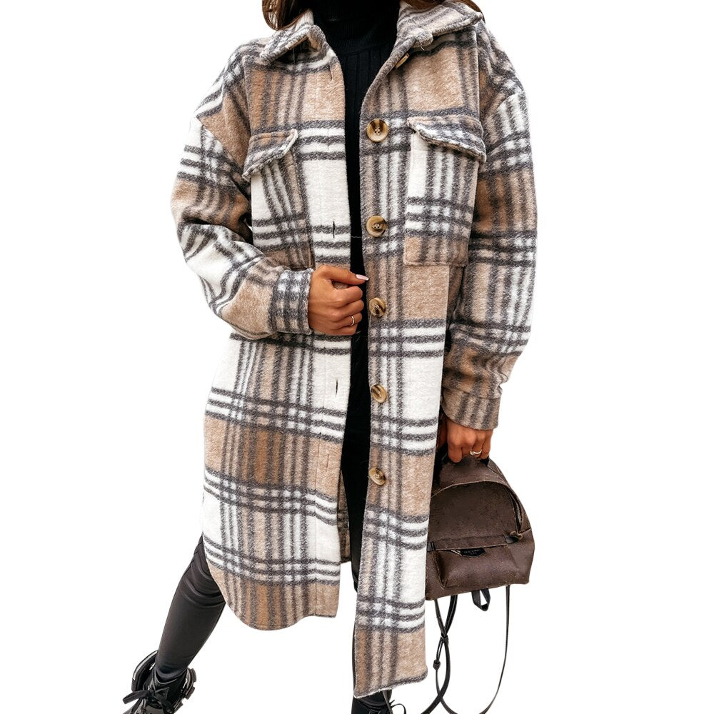 Autumn Winter Women Checked Jacket Casual Turn Down Collar Plaid Oversized Thick Warm Woolen Blends Overcoat