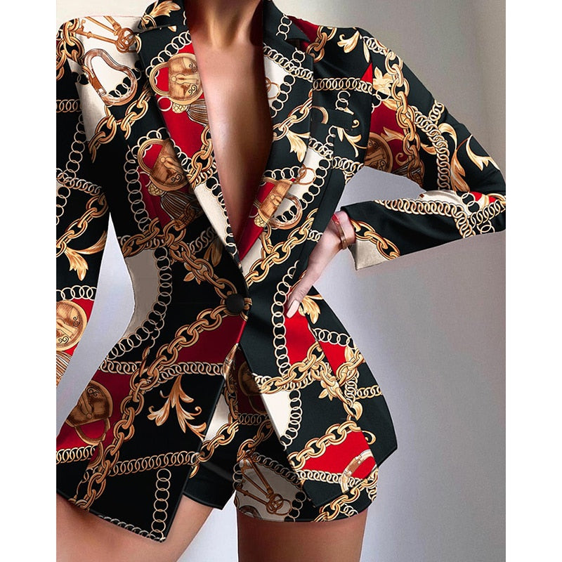 Fashion Two Piece Set Turn Down Collar Long Sleeve Jacket Shorts Set Sexy Women Outfit