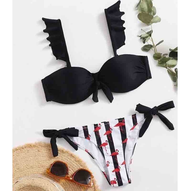 Striped Lace Ruffle Push Up Women Bandeau Swimsuit