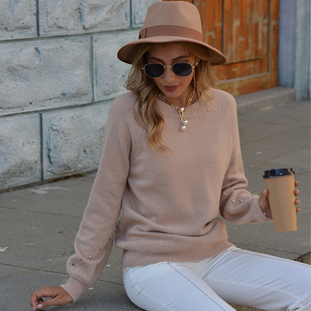 Woman’s pullover round head rivet decorated knitted sweater blouse