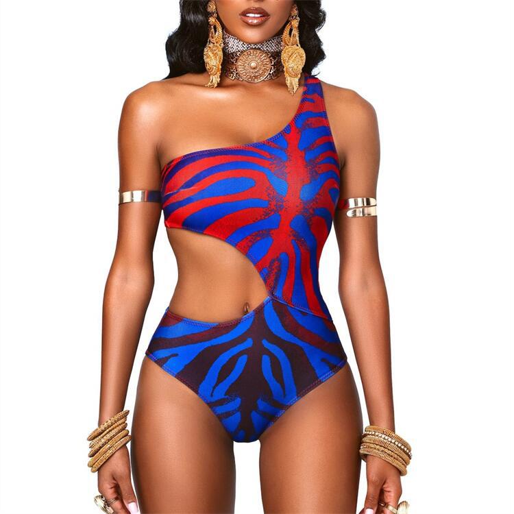 Women’s one-piece hollow digital printing one-shoulder sexy swimwear