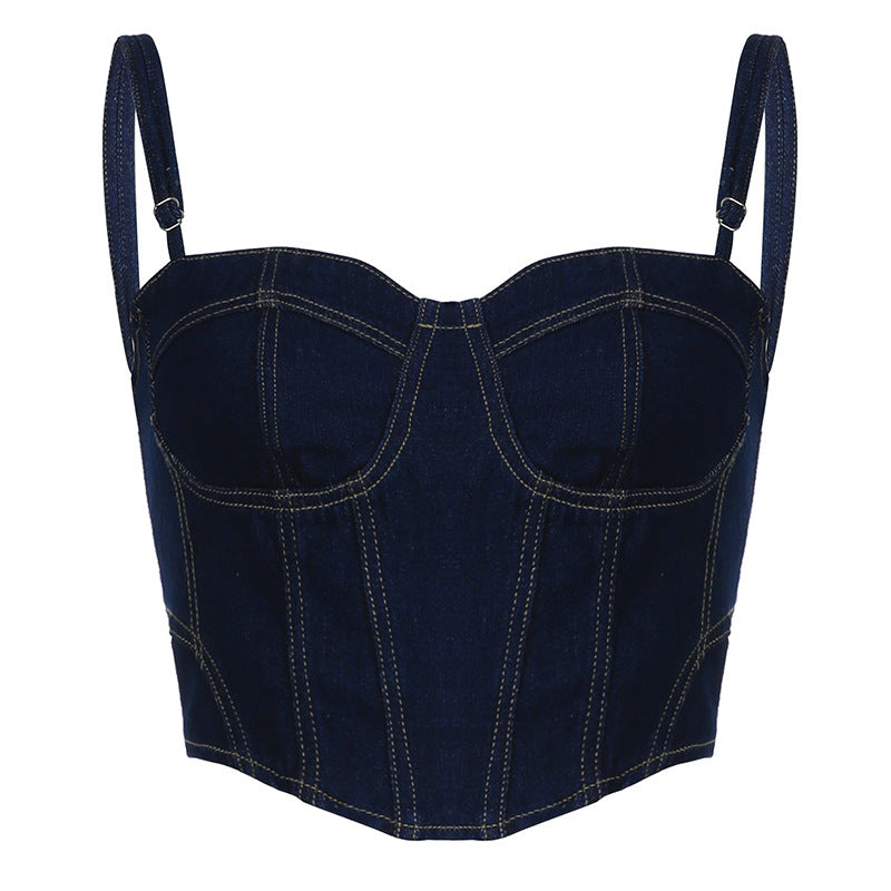 2023 spring and summer new hollow strap denim camisole vest