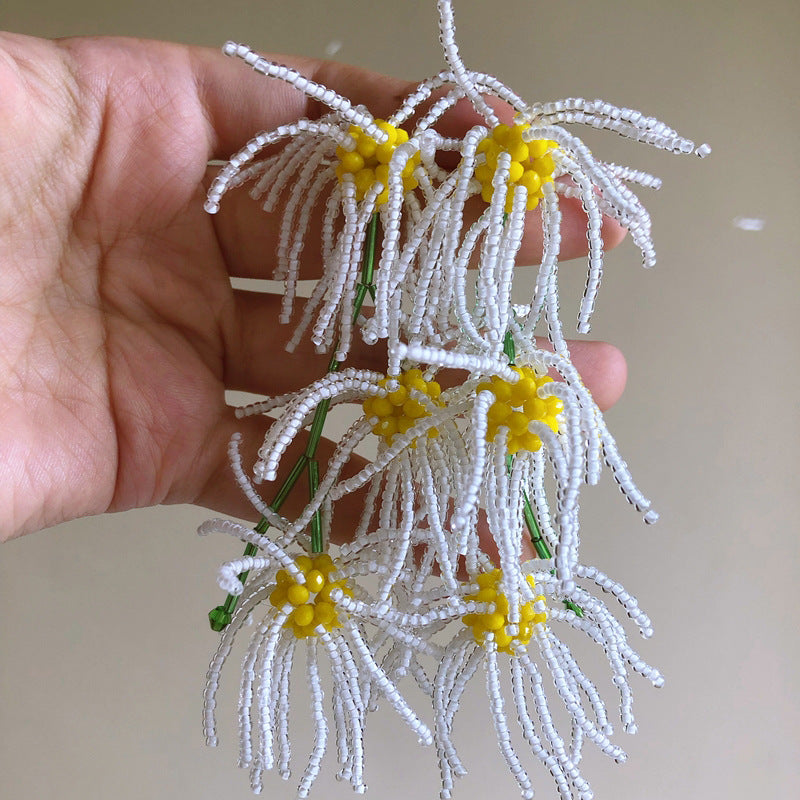 Hand-beaded long earrings exaggerated white daisy petals tassel earrings