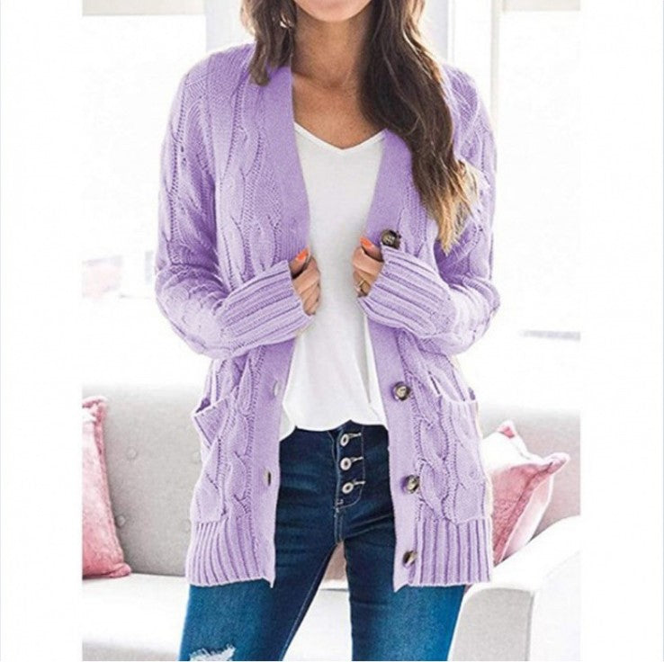 Amazon autumn and winter new cardigan sweater women Europe and America V-neck single-breasted long-sleeved sweater jacket