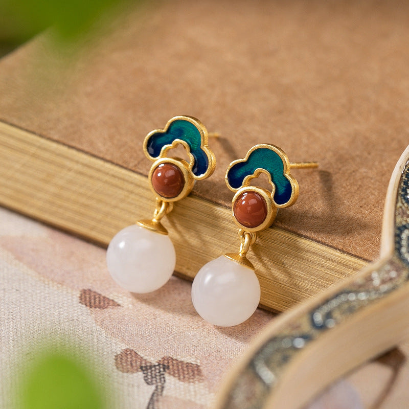 S925 sterling silver and Tian Yu ear nail female gold plated Chinese style rings pendant set