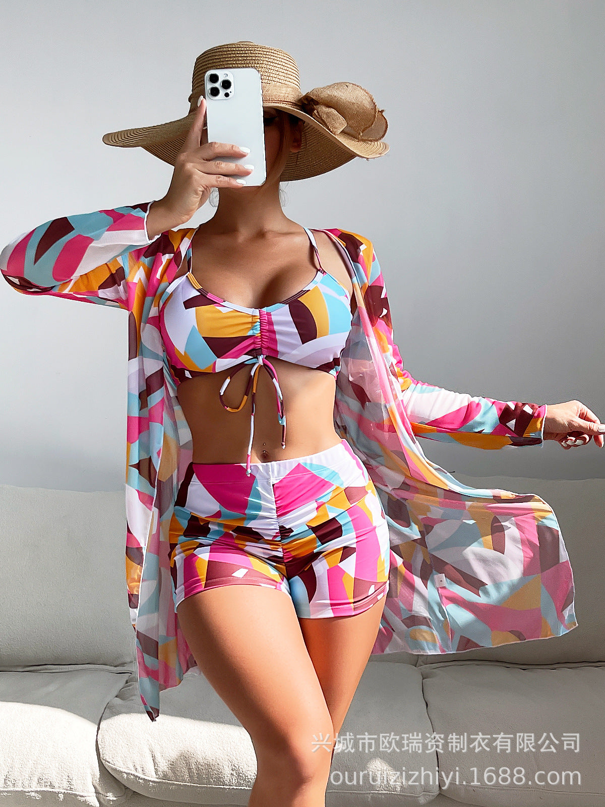 Ou Ruizi sexy swimsuit women's split bikini mesh three-piece set boxer high waist long-sleeved blouse