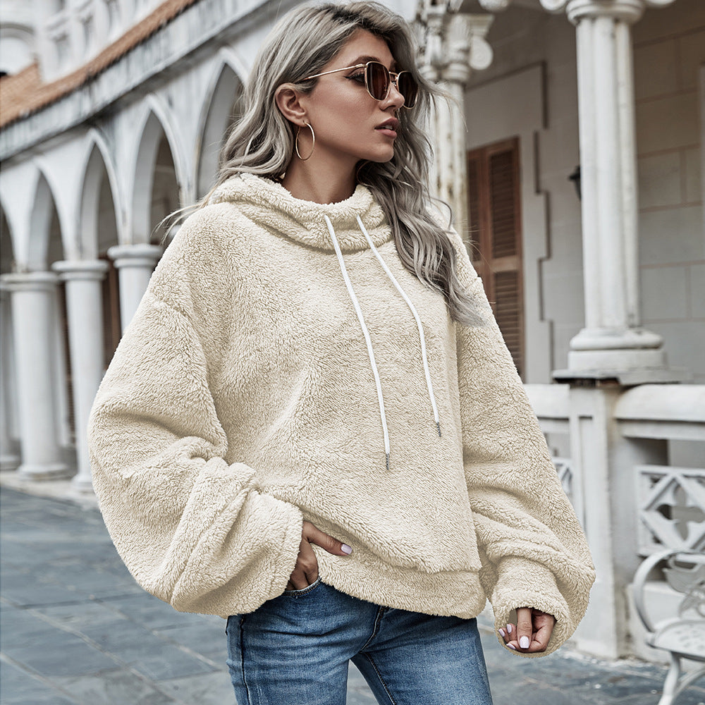 Autumn and winter women's hooded pure color plush loose sweater