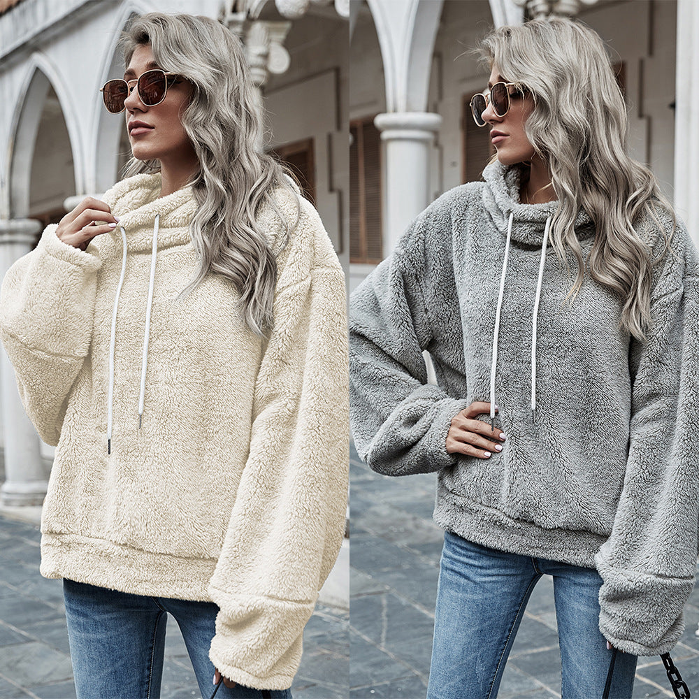 Autumn and winter women's hooded pure color plush loose sweater