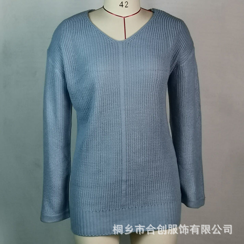 European and American sweater Amazon ladies loose v-neck mid-length dress sweater