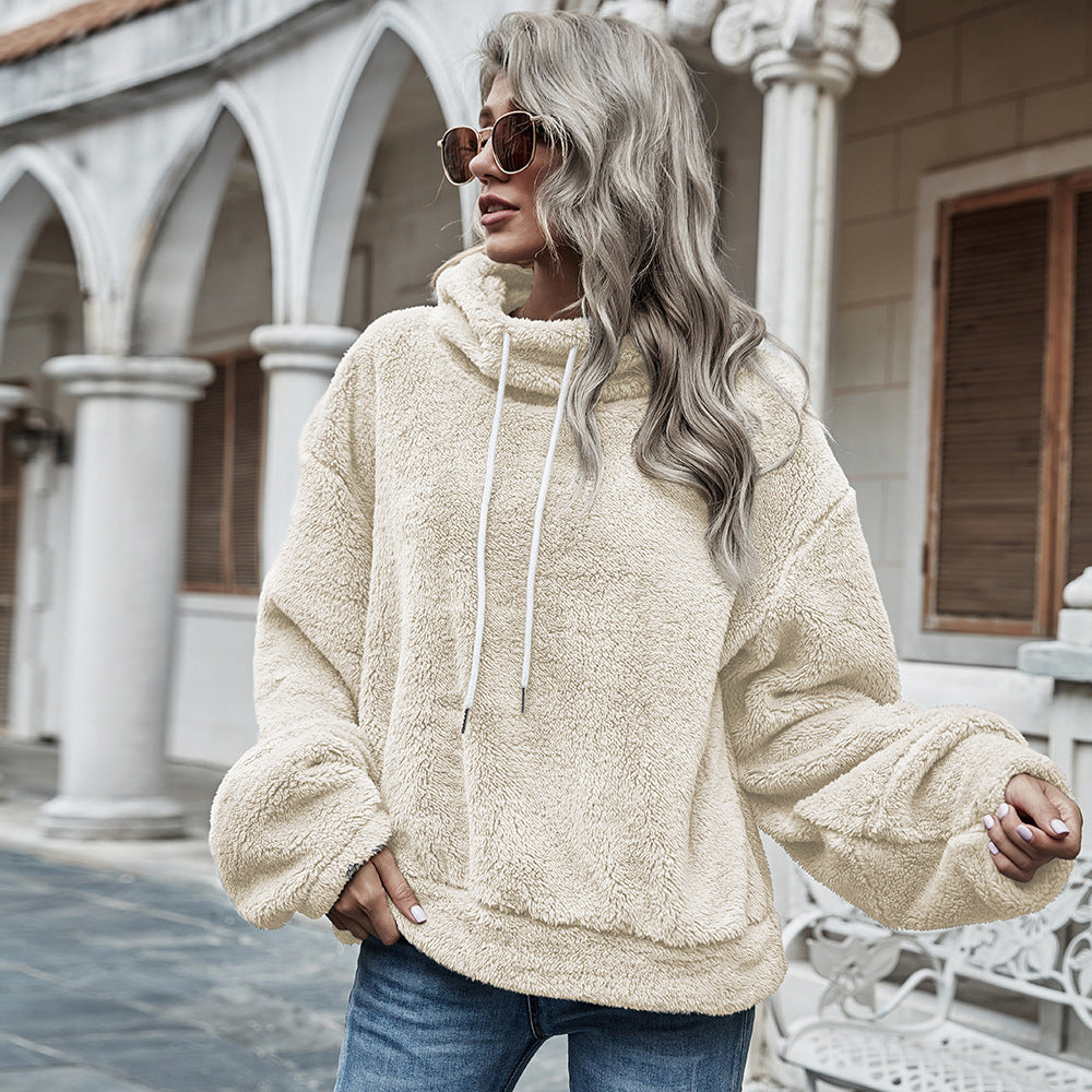 Autumn and winter women's hooded pure color plush loose sweater
