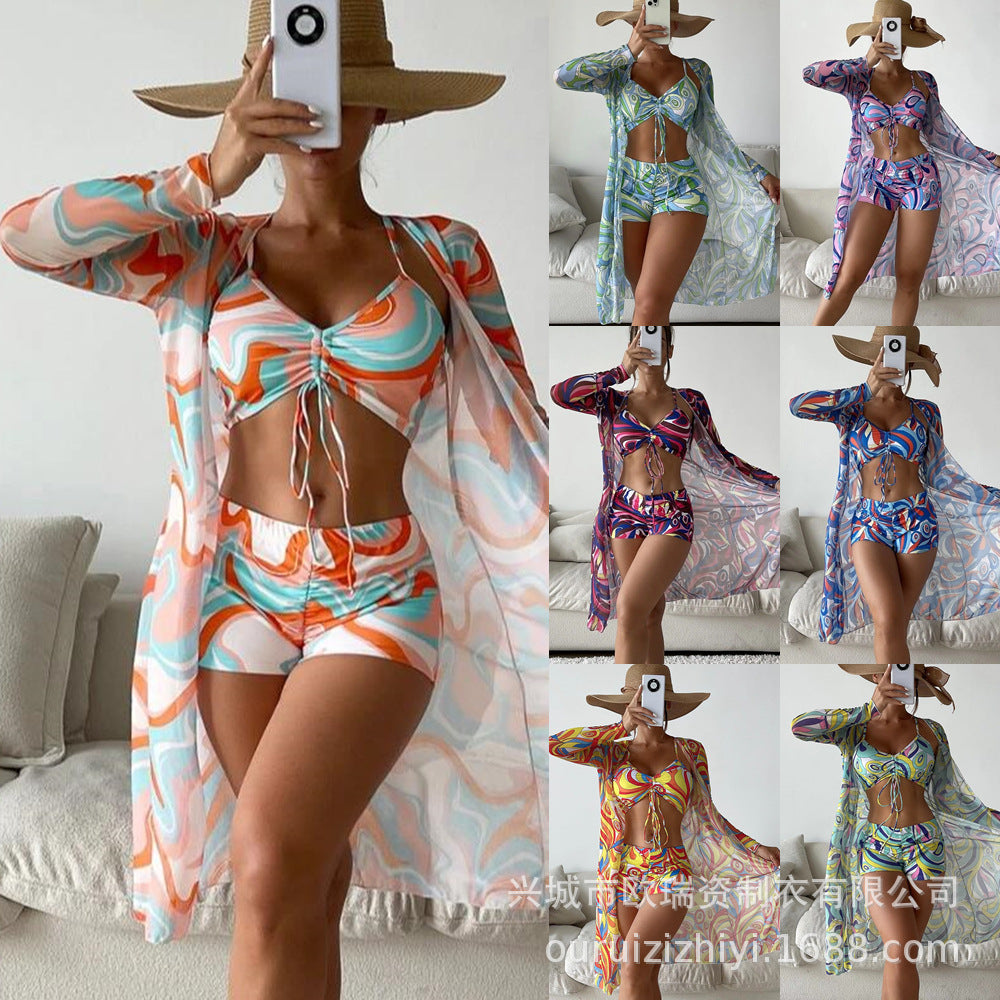 Ou Ruizi sexy swimsuit women's split bikini mesh three-piece set boxer high waist long-sleeved blouse