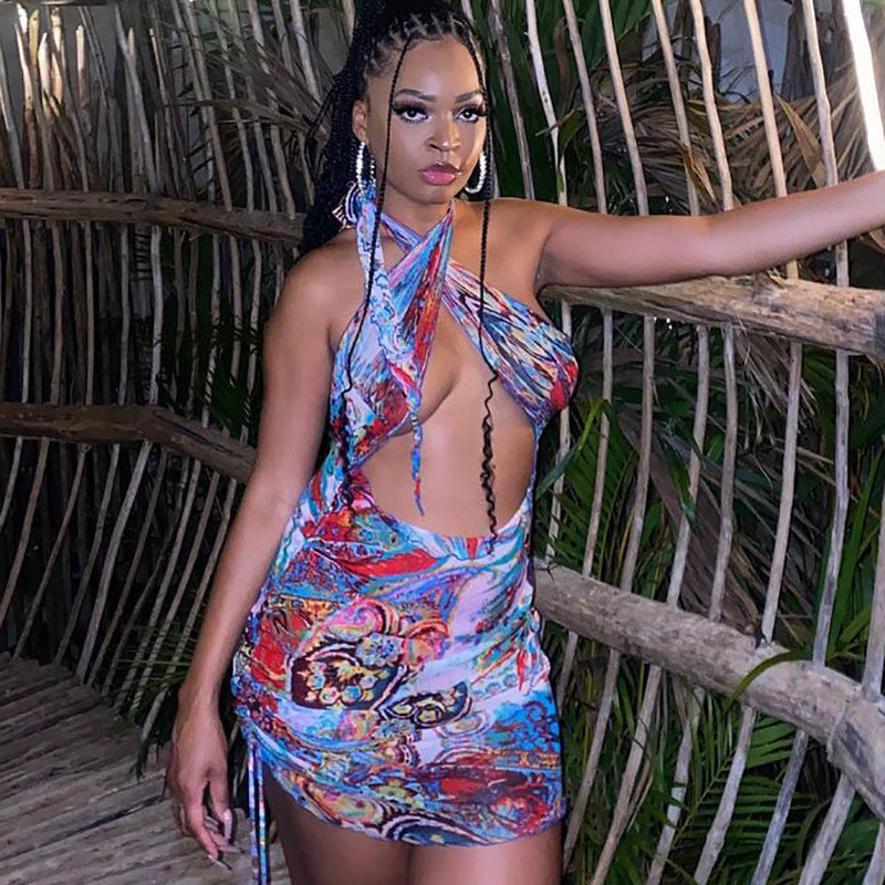 New print cross hanging neck umbilical pleated lace-up dress