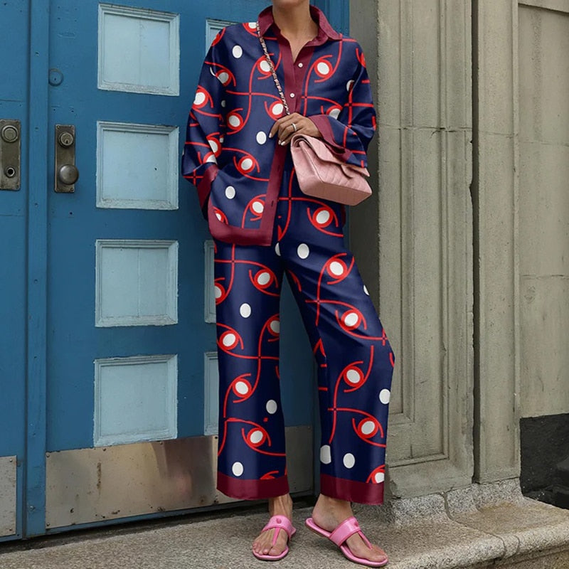 Vintage Print Two Piece Outfits Elegant Turn-down Collar Button Shirt & Straight Pants Sets Women Casual Long Sleeve Loose Suits