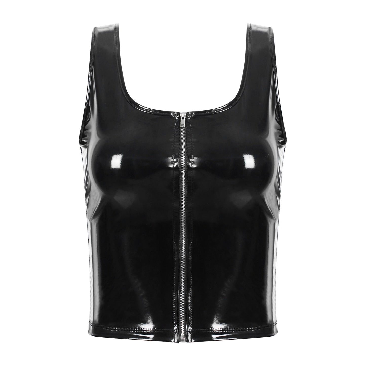 Womens Fashion Zipper Patent Leather Tank Top Wet Look