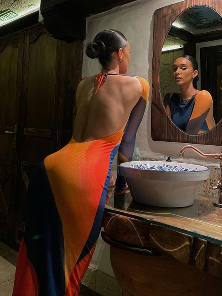 Sexy Backless Maxi Dress ,Fashion Print Long Sleeve Bodycon ,Summer Evening Club Dress