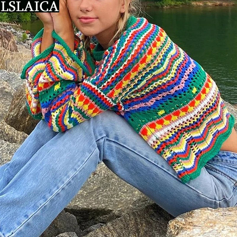 Women's Colorful Striped Long Sleeve Knit Sweater - O-Neck Casual Loose Fit for Autumn/Winter