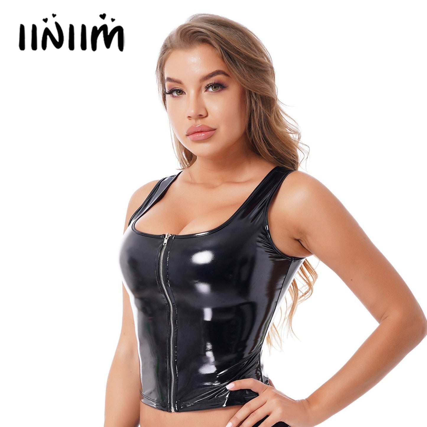 Womens Fashion Zipper Patent Leather Tank Top Wet Look