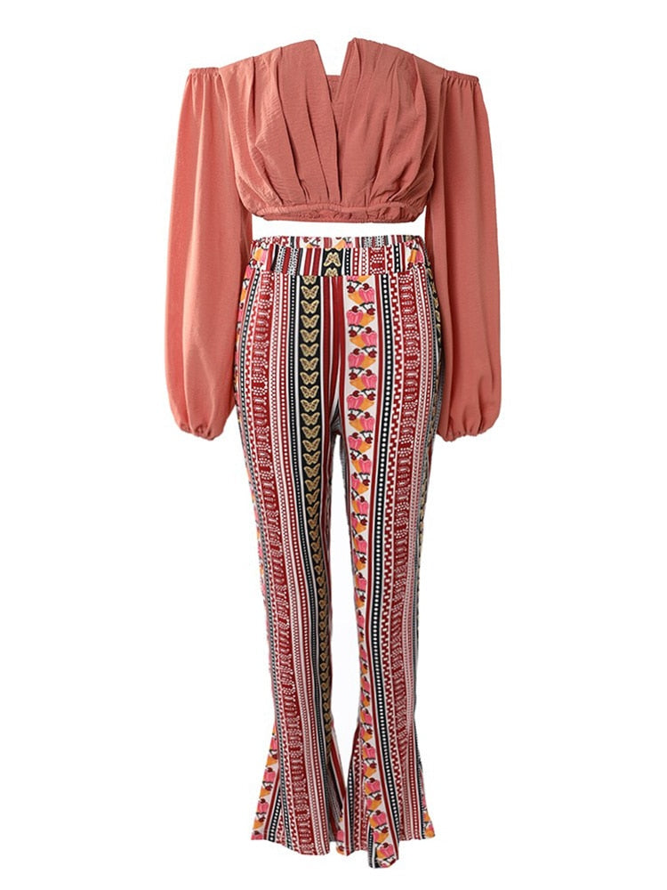 Off Shoulder Ruched Crop Tops & Tribal Print Pants Two Piece Set