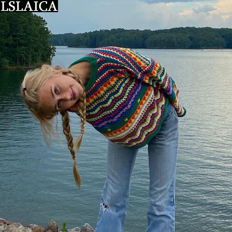 Sweater Women Long Sleeve Colorful Stripes Stitching O-Neck Casual Loose Fit