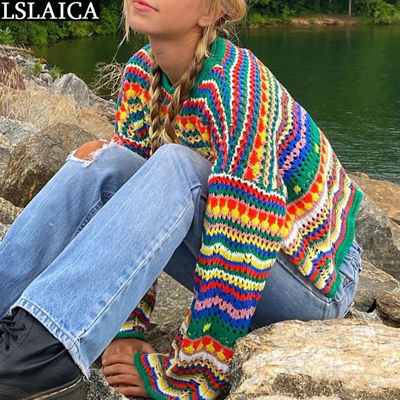 Women's Colorful Striped Long Sleeve Knit Sweater - O-Neck Casual Loose Fit for Autumn/Winter