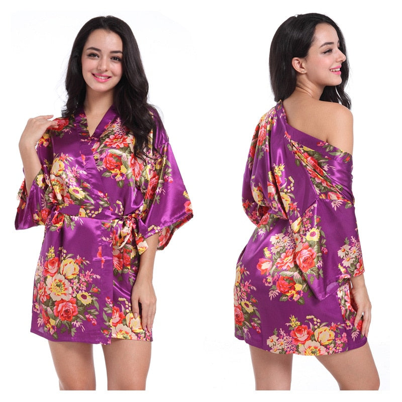Women Floral Kimono Robe Satin Sleepwear