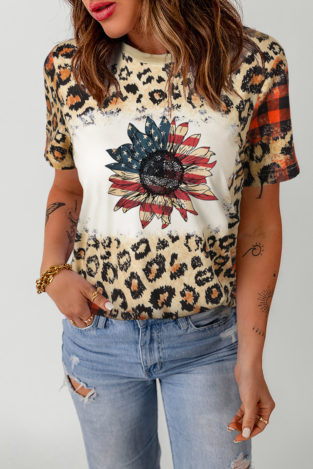 American Flag Sunflower Leopard Bleached Graphic Tee