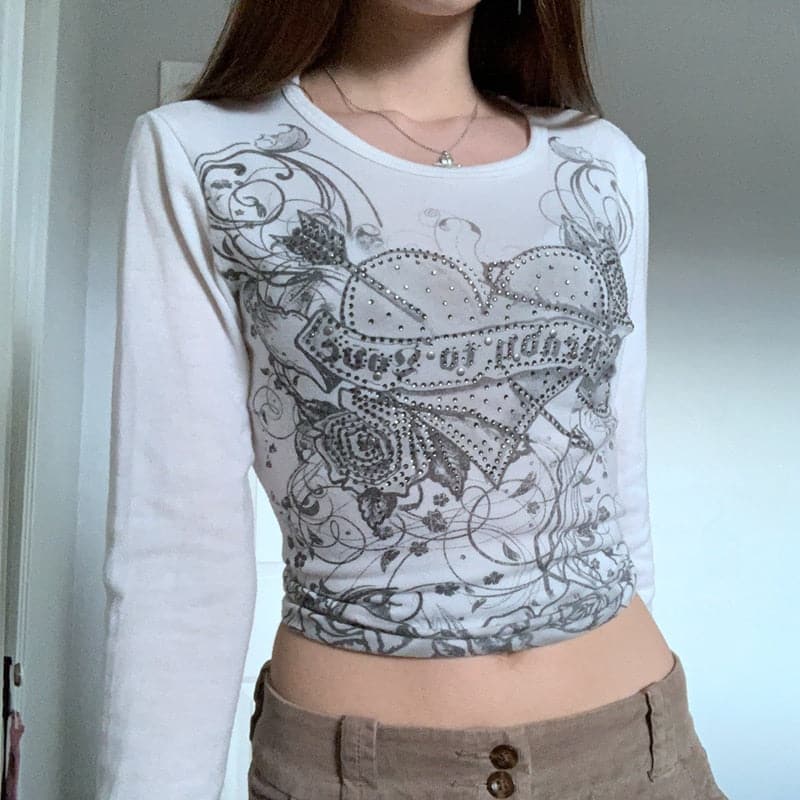 Fairy Grunge White Graphic Long Sleeve Top