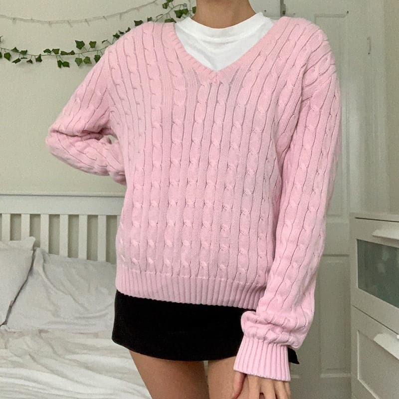 Y2K Preppy Twist Cable Knitted Sweater