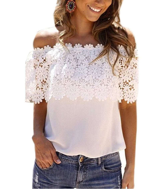 Cross-border 2021 Europe and the United States new hook flower word collar sleeveless lace shot lace splicing lace T-shirt AliExpress 8195